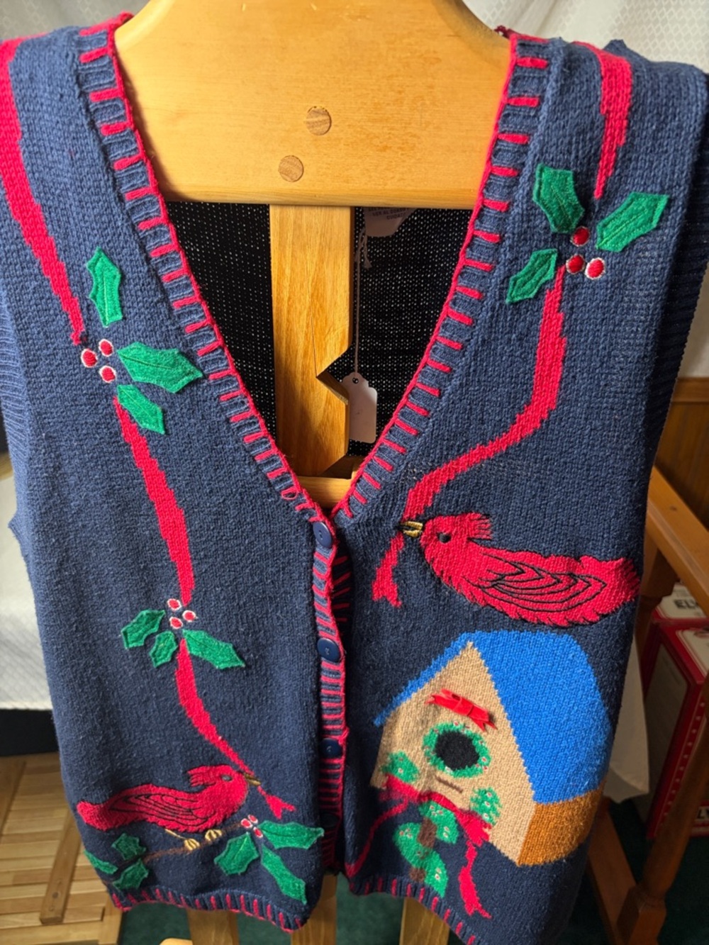 Festive Navy Holiday Cardigan Vest with Red Bird Motif